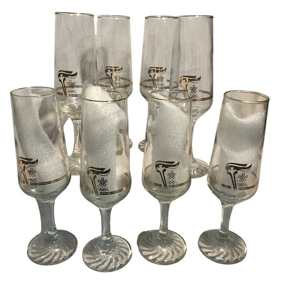 Vintage 1988 Calgary Canada Winter Olympics Champagne Flutes Glasses Set Of 8 - Picture 1 of 7